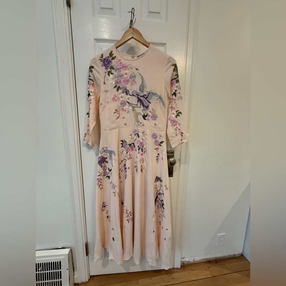 Fit and flare embroidered crepe dress, size 8, ASOS
